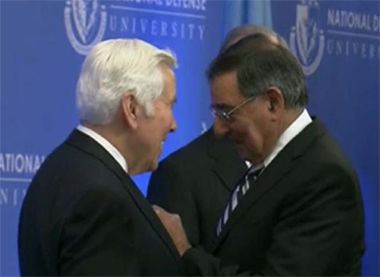 Secretary of Defense Leon Panetta awards U.S. Sen. Dick Lugar with the Department of Defense Medal for Distinguished Public Service.