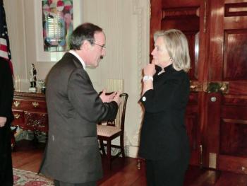 Congressman Eliot Engel (D-NY-17) meets with U.S. Secretary of State Hillary Clinton at the State Department to discuss several areas of concern in the Western Hemisphere, the Middle East and in the Balkans. 