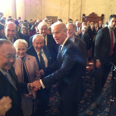 Photo: Senator Inouye shares a laugh with Vice President Joe Biden at a ceremony honoring the late Senator Warren Rudman.