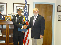 Congratulating NJROTC Cadet Jeffrey Gao