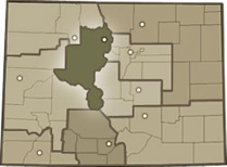 Map of Colorado highlighting the Central Mountain region