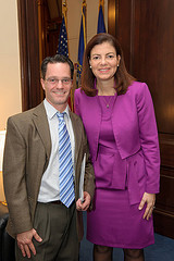 Senator Ayotte greets Charlie French at Coffee with Kelly