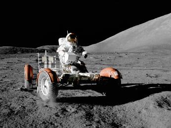Astronaut Eugene A. Cernan, commander, makes a short checkout of the Lunar Roving Vehicle (LRV) during the early part of the first Apollo 17 extravehicular activity (EVA) at the Taurus-Littrow landing site.