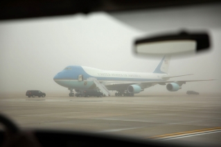 Air Force One is surrounded by a dense fog on the tarmac at Joint Base Andrews, Md., Dec. 10, 2012. (Official White House Photo by Lawrence Jackson)