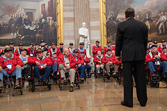 Speaker John Boehner welcomes a group of WWII Honor Flight veterans to the Rotunda of the U.S. Capitol. November 15, 2012. (Official Photo by Heather Reed)

---
This official Speaker of the House photograph is being made available only for publication by news organizations and/or for personal use printing by the subject(s) of the photograph. The photograph may not be manipulated in any way and may not be used in commercial or political materials, advertisements, emails, products, promotions that in any way suggests approval or endorsement of the Speaker of the House or any Member of Congress.