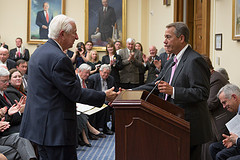 Speaker John Boehner greets outgoing Science, Space, and Technology Chairman Ralph M. Hall (R-TX) after accepting a portrait of him into the House collection. November 27, 2012. (Official Photo by Bryant Avondoglio)

--
This official Speaker of the House photograph is being made available only for publication by news organizations and/or for personal use printing by the subject(s) of the photograph. The photograph may not be manipulated in any way and may not be used in commercial or political materials, advertisements, emails, products, promotions that in any way suggests approval or endorsement of the Speaker of the House or any Member of Congress.