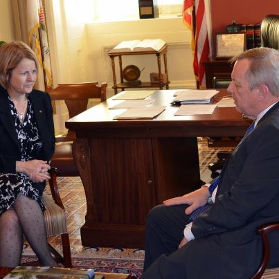 Photo: U.S. Senator Dick Durbin met with Anne Schneider, Illinois Department of Transportion Secretary, to discuss Mississippi River water levels and high speed rail.