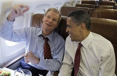Sen. Nelson shares a moment with Barack Obama while the two were in Florida just before the history-making presidential election. 
			Photo by: AP