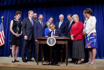 Rep. McCarthy attends the signing of the 'Securing American Jobs Through Export Act' by President Obama