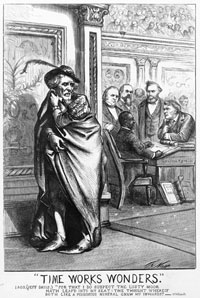 In a print featured in an 1870 <em>Harper&rsquo;s Weekly</em>, Jefferson Davis&rsquo;s ghost lurked in the Senate Chamber, observing the swearing-in of the first black Senator, <a href="/member-profiles/profile.html?intID=14">Hiram Revels</a> of Mississippi. Revels&rsquo;s importance is given Shakespearean proportions by placing the words of Othello&rsquo;s villainous Iago in Davis&rsquo;s mouth. This print was drawn by artist Thomas Nast, who sympathized with Radical Republicans in Congress.