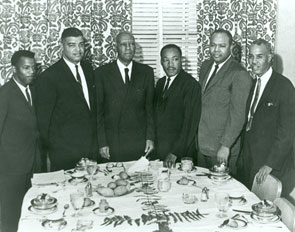 In 1963, civil rights leaders, from left to right, <a href="/member-profiles/profile.html?intID=103">John Lewis</a> (future Georgia Representative), Whitney Young, Jr., A. Philip Randolph, Martin Luther King, Jr., James Farmer, and Roy Wilkins met at the Hotel Commodore in New York City for a strategy session.