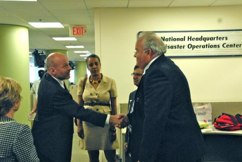 Billy meets with members of the American Red Cross' disaster operations center