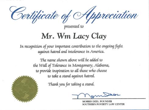 Southern Poverty Law Center Honors Congressman Clay for standing up against intolerance