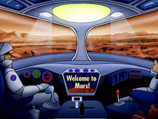 Cartoon of two children sitting inside a spacecraft on the planet Mars