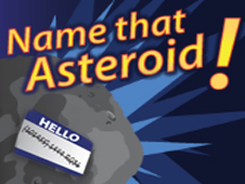 Cartoon image of an asteroid below the words Name that Asteroid