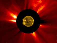 This combined image from Nov. 8-9, 2012, shows the sun's innermost atmosphere as seen by the Solar Dynamics Observatory (SDO) inside a larger image provided by the Solar and Heliospheric Observatory (SOHO). Image credit: ESA/NASA