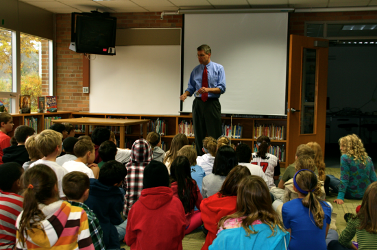 Paulsen answers questions from students at Highlands Elementary School in Edina
