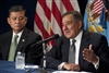 Secretary Panetta answers a question during a joint press conference with Secretary of Veterans Affairs Shinseki 