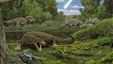 In the foreground, the carnivorous lizard Palaeosaniwa stalks a pair of hatchling Edmontosaurus as the snake Cerberophis and the lizard Obamadon look on. In the background, an encounter between T. rex and Triceratops. (Handout - Artwork by Carl Buell)