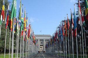 Flags in front of United Nations building