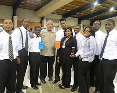 Thompson with students of Winfield High School