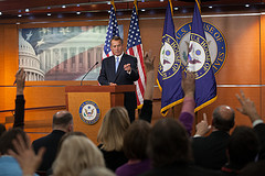 Speaker John Boehner answers questions from reporters during a press conference in Studio A at the U.S. Capitol. November 9, 2012. (Official Photo by Bryant Avondoglio)

---
This official Speaker of the House photograph is being made available only for publication by news organizations and/or for personal use printing by the subject(s) of the photograph. The photograph may not be manipulated in any way and may not be used in commercial or political materials, advertisements, emails, products, promotions that in any way suggests approval or endorsement of the Speaker of the House or any Member of Congress.