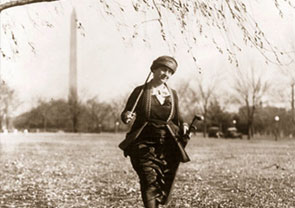 <a href="/member-profiles/profile.html?intID=113">Winnifred Mason Huck</a> of Illinois practices her golf game at the Potomac Park Links in Washington, D.C., in November 1922 with the Washington Monument in the background. Golf was an increasingly popular sport&mdash;driven partly by the success of its first bona fide U.S. superstar, Bobby Jones. Huck and later women in Congress took up the sport, in part, to interact with male colleagues who often used the links as an informal forum for transacting legislative business.
