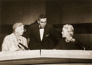 Former First Lady Eleanor Roosevelt (left) and Senator <a href="/member-profiles/profile.html?intID=230">Margaret Chase Smith</a> of Maine on the set of the political television program Face the Nation in Washington, D.C., on November 11, 1956. Both women were leading figures in the Democratic and Republican parties, respectively.