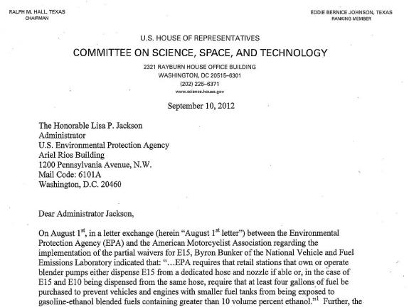 Reps. Sensenbrenner and Cravaack letter to EPA Administrator on Minimum Fuel Purchase Mandate for E15