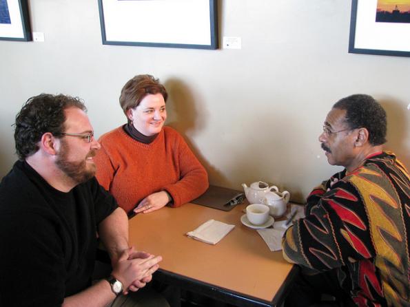 Congressman Cleaver speaking with constituents over coffee in Kansas City