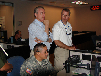 Congressman Murphy and Congressman Gresham Barrett (SC-3) visit with a Texas National Guard member monitoring cameras overseeing the border.