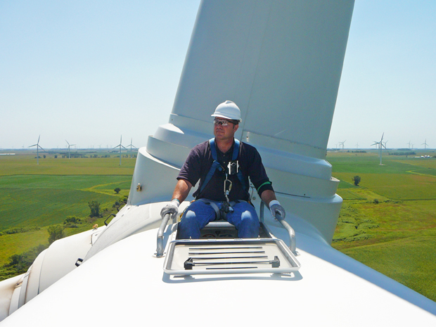 Congressman Braley sits atop a wind turbine in Northeast Iowa