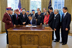 D.C. - Congresswoman Mazie Hirono with President Barack Obama as he signs the Congressional Gold Medal Bill recognizing Japanese American Veterans of the 442nd, 100th and MIS. 