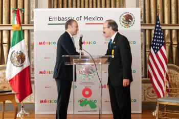 Rep. Eliot Engel receives the Order of the Aztec Eagle award from Mexican Ambassador Arturo Sarukhan Casamitjana.