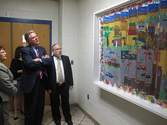 Congressman Pallone viewing a painting by students honoring victims of the Holocaust at Rabbi Pesach Raymon Yeshiva