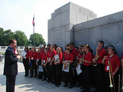 Congressman Smith talking with members of the Arcadia High School Band at World War Two Memorial  