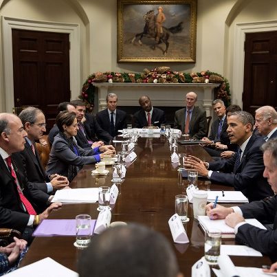 Photo: Photo of the Day: President Obama and Vice President Biden meet with business leaders to discuss the actions we need to take to keep our economy growing in the Roosevelt Room of the White House: http://wh.gov/IL1c