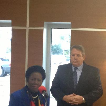 Photo: Congresswoman Jackson Lee speaking at St. Joseph Hospital.