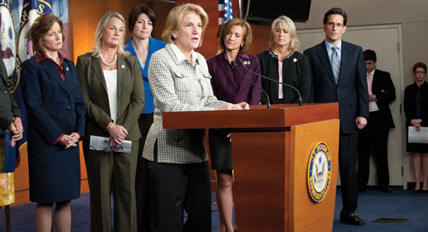 Rep. Shelley Moore Capito (R-WV), and in background, left to right, Reps. Vicky Hartzler (R-MO), Ann Marie Buerkle (R-NY), Cathy McMorris Rodgers (R-WA), Nan Hayworth (R-NY), Renee Ellmers (R-NC) and House Majority Leader Eric Cantor, are pictured at a news conference. | John Shinkle/POLITICO