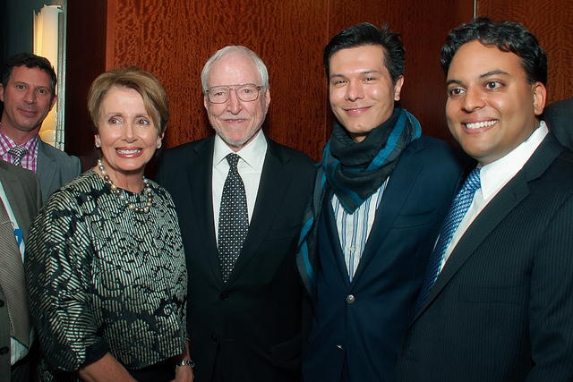 Congresswoman Pelosi stands with Ambassador Jim Hormel, Michael Nguyen, and Kaushik Roy, Executive Director of the Shanti Project