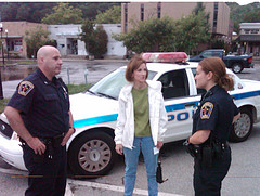 Rep. Hayworth speaks with police officers Efrain Rivera and Patricia Arcesi in Mount Kisco