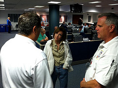 Rep. Hayworth listens as Westchester County commissioner of emergency services John Cullen and Deputy Police commissioner Joe Yasinski brief her on the hurricane situation in Westchester