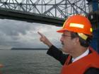 Congressman Eliot Engel, on a tour of the underside of the Tappan Zee Bridge, points to a part of the bridge in asking a question about the bridge repairs.