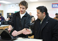 Rep. Luján visits with a student at Los Alamos High School.