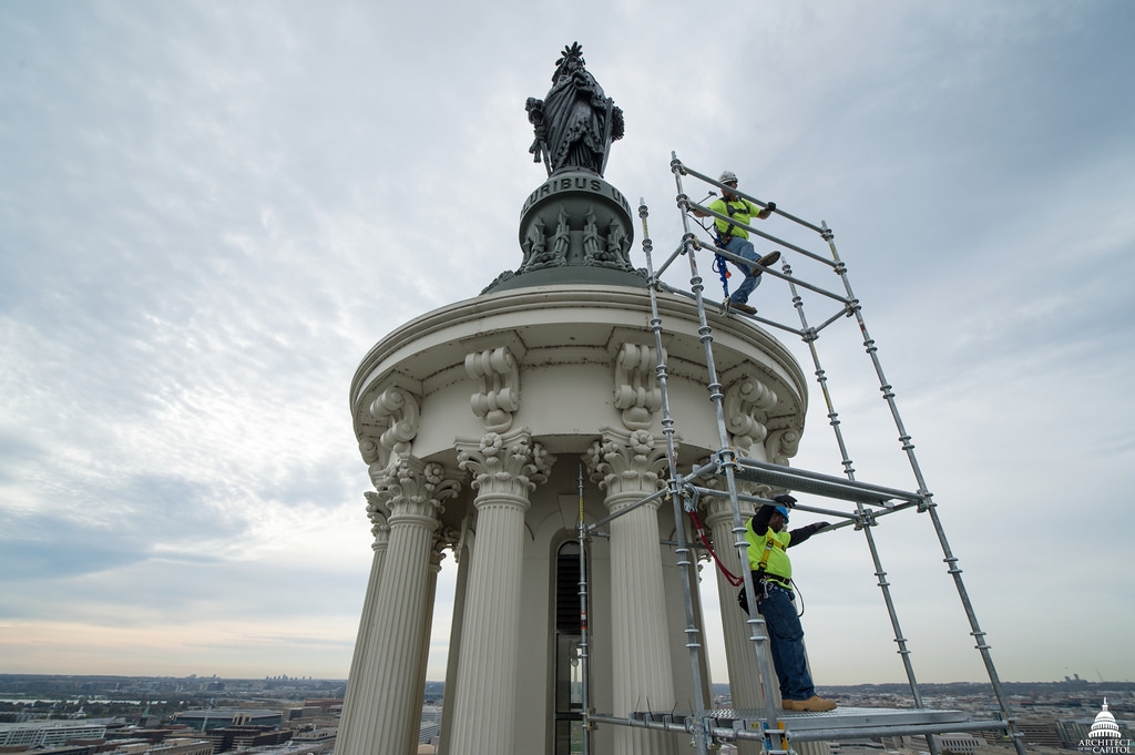 Scaffolding reaches the Statue of Freedom