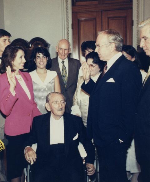 Nancy Pelosi is joined by her father, Thomas D'Alesandro, Jr., and family as she is sworn into office for the first time in 1987.