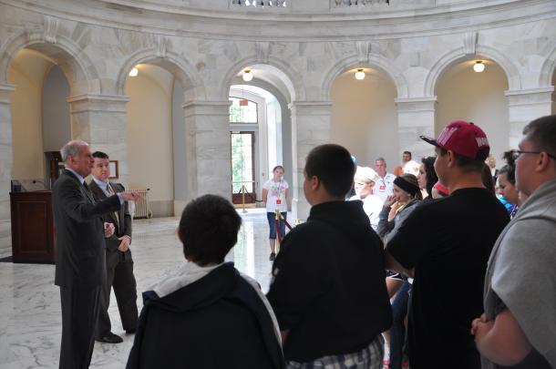 Coats and Rep. Todd Young address students from Corydon Jr. High School