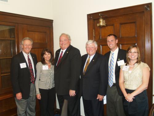 John Schaefer, Julie Schaefer, Cookie Rice, Brad Zobrist, and Lauren Zobrist of the American Beverage Association, with Congressman Long