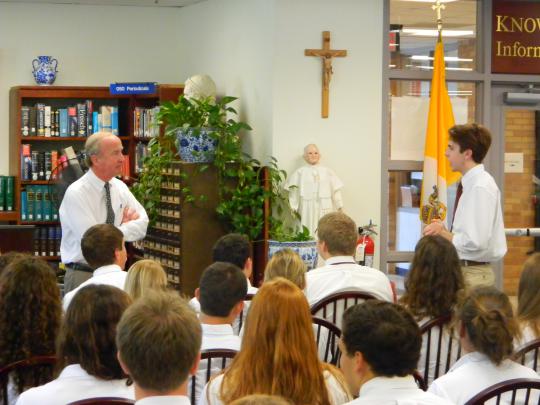 Frelinghuysen answers questions from Pope John XXIII Regional High School's AP Government class