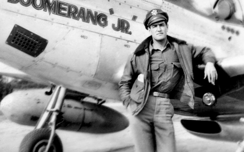 Fighter Ace Jeffrey Art Standing by P-51 Nose Boomerang Jr